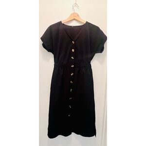 Women's Black Midi Dress M V-Neck Button-Down Casual